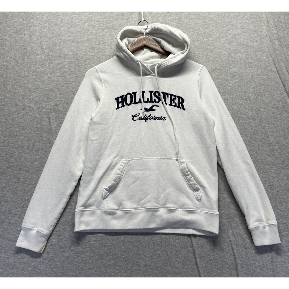 Hollister California Hoodie Womens Small White Cotton Fleece Lined Logo Pullover